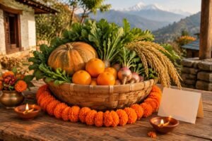 Harvest basket with marigold garland and clay lamps